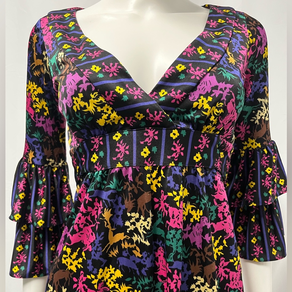 VTG Betsey Johnson Mini Dress Women 2 Black Graphic Jersey Knit Ruffles - Picture 5 of 10